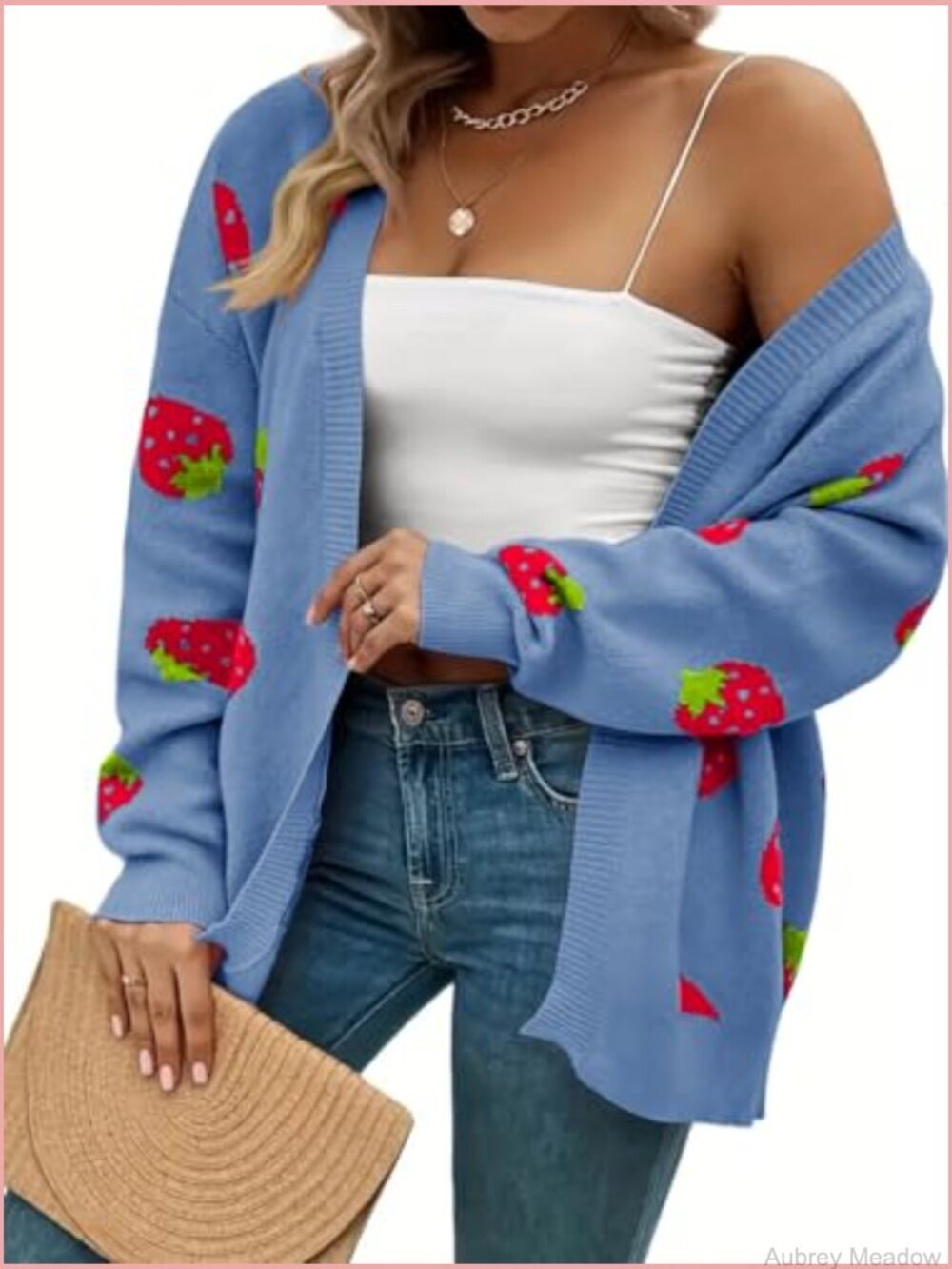 Plus Size Strawberry Floral Print Open Front Knit Cardigan Sweater - Picture 4 of 5